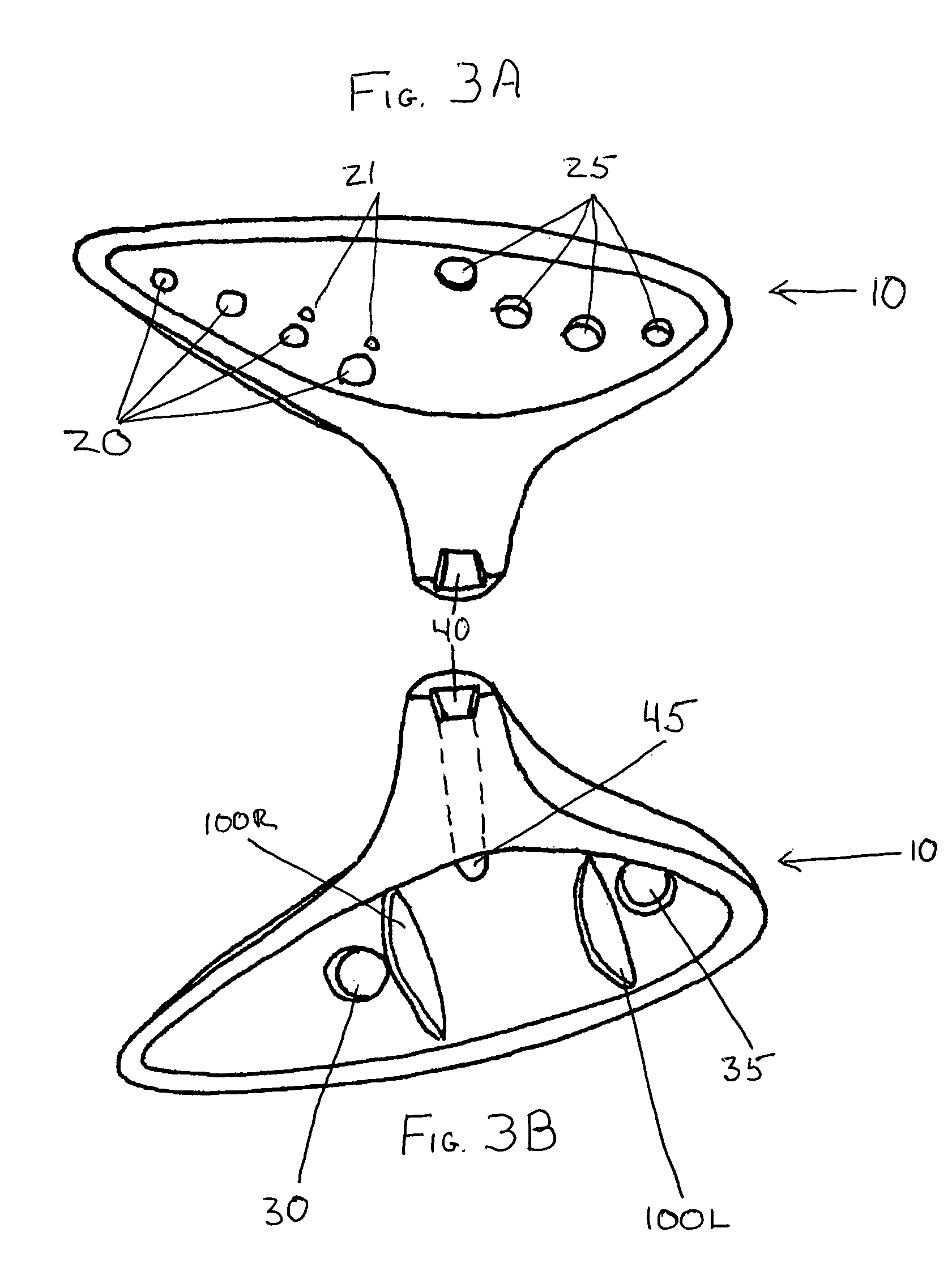 Imagens do autor da patente US7799980B1, mostrando a ocarina internamente, contendo a invenção que propôs (paredes internas para controlar o ar)