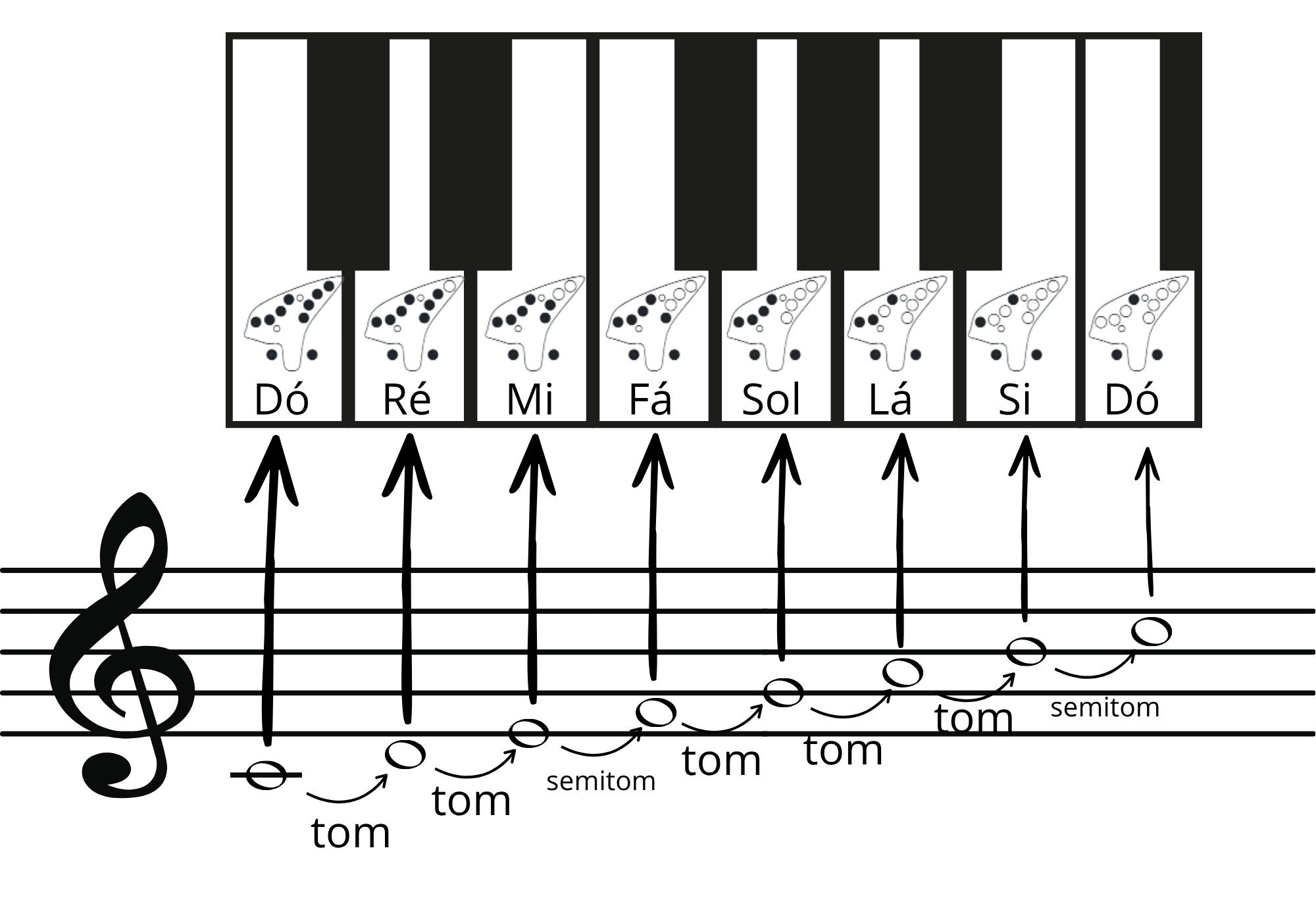 Imagem contendo teclas de piano e uma partitura com notas, explicando as distâncias de tom e semitom etre elas.