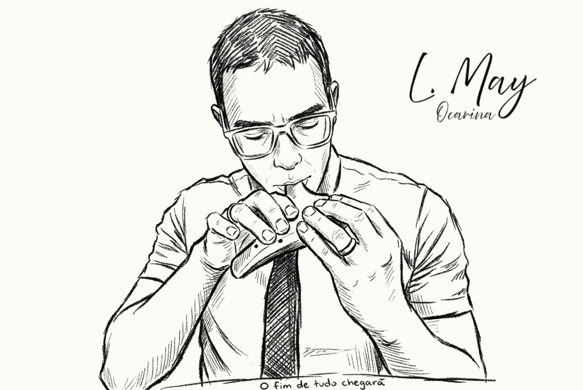 Imagem estilizada como desenho à lápis do autor do artigo tocando uma ocarina Alto C.
