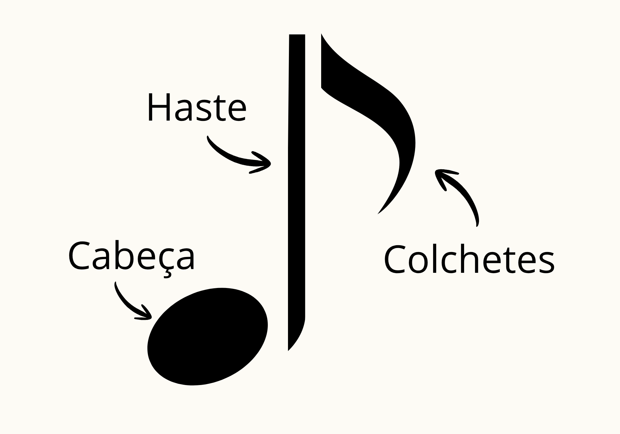 Uma figura de uma nota musical colcheia, com as suas partes separadas: cabeça, haste e colchete