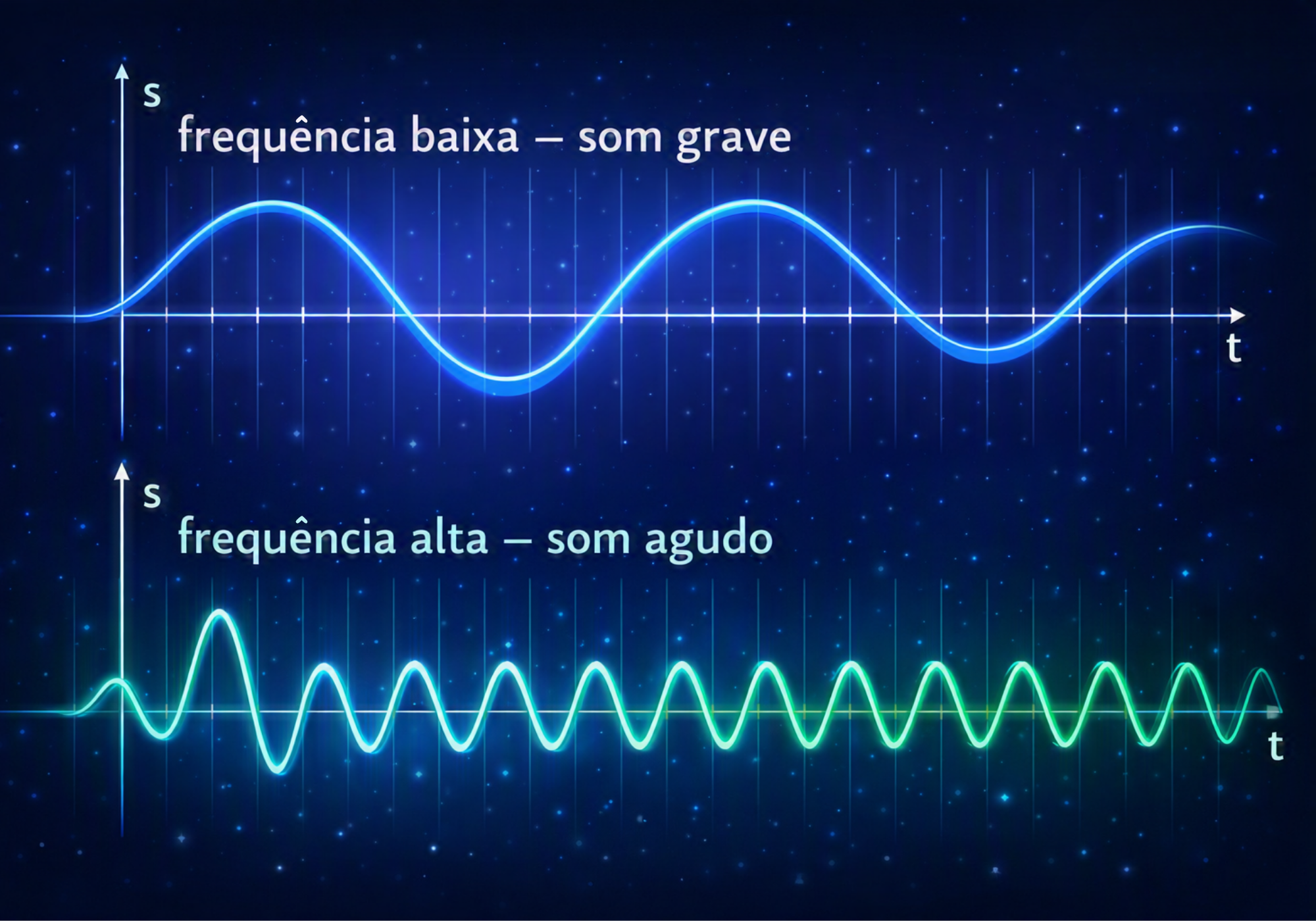 Onda sonora demonstrando a frequência do som agudo e do som grave.